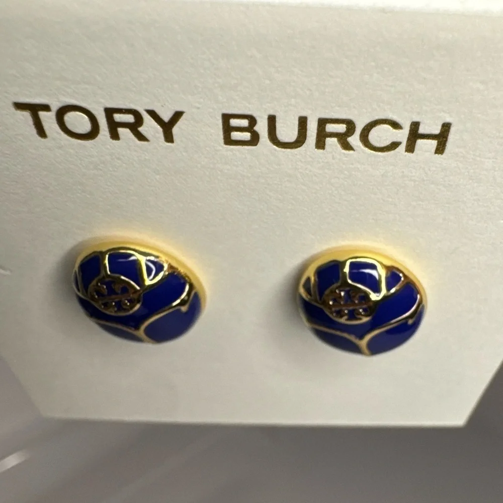 Tory Burch New Blue Enamel Oval Gold-Toned Earrings